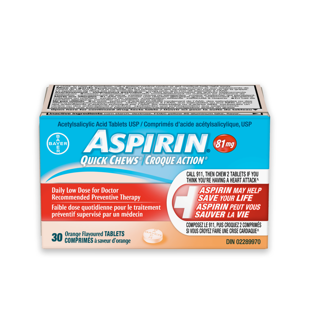 Aspirin quick chews 81 mg 30 count product box